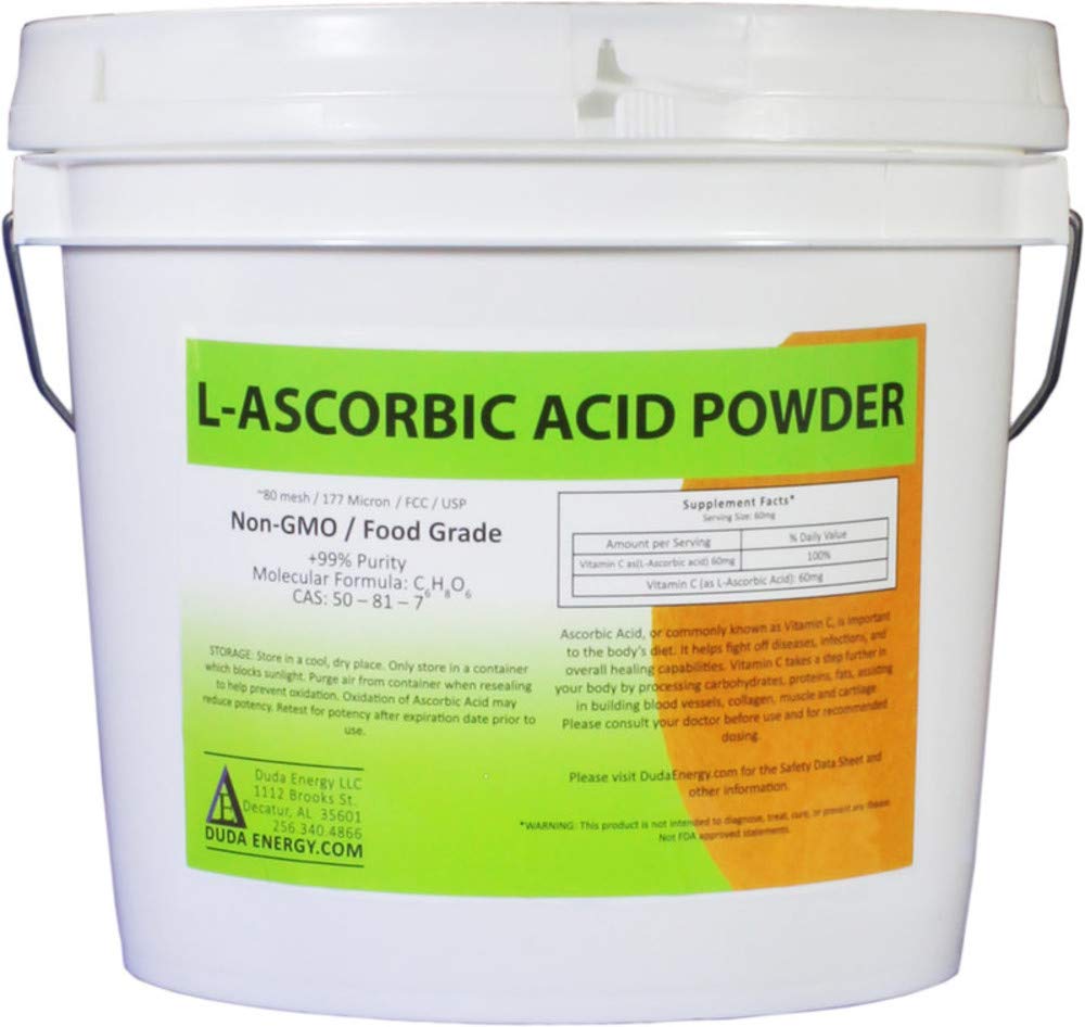 Duda Energy asc8p Pail of L-Ascorbik Asit Toz 99+% Food Grade USP36/BP2012 Doğal Fermented Pure White Crystals Form of Vitamin C, 8 lb.