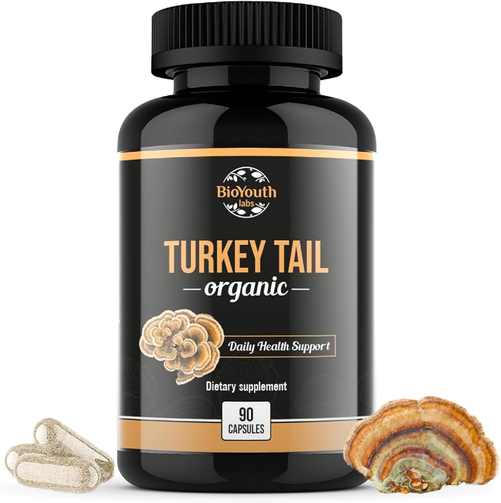 Organik Türkiye Tail Mushroom Capsules Meyveing Body Extract | GMO & Allergen-Free, Coriolus Versicolor Daily Herbs, 90 Capsules