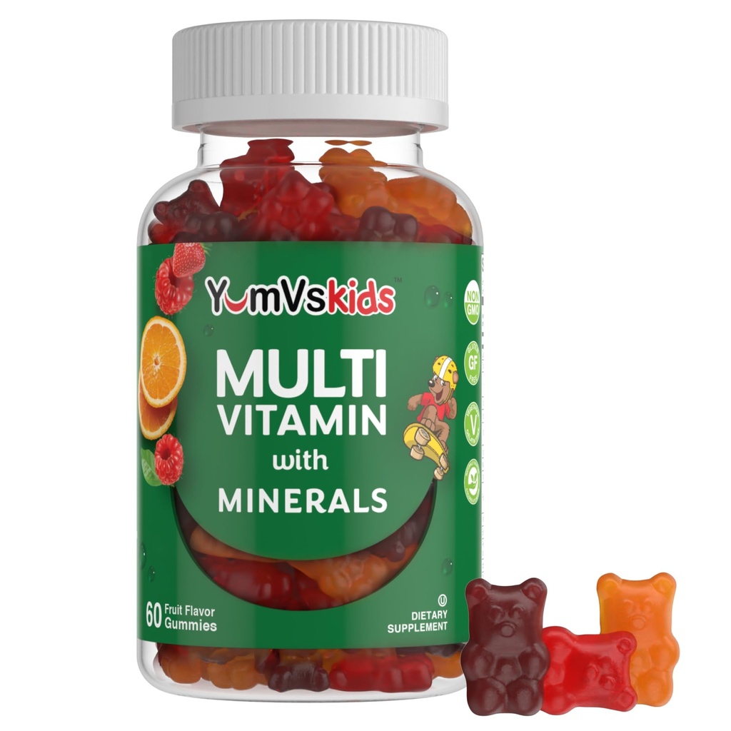 YumVs Kids Multivitamin Gummies - Fruit Flavored Chewable Children's Multivitamin - 12 Minerals & Vitamins A C D3 E B6 B12 - Kosher Halal Gluten Free (60)