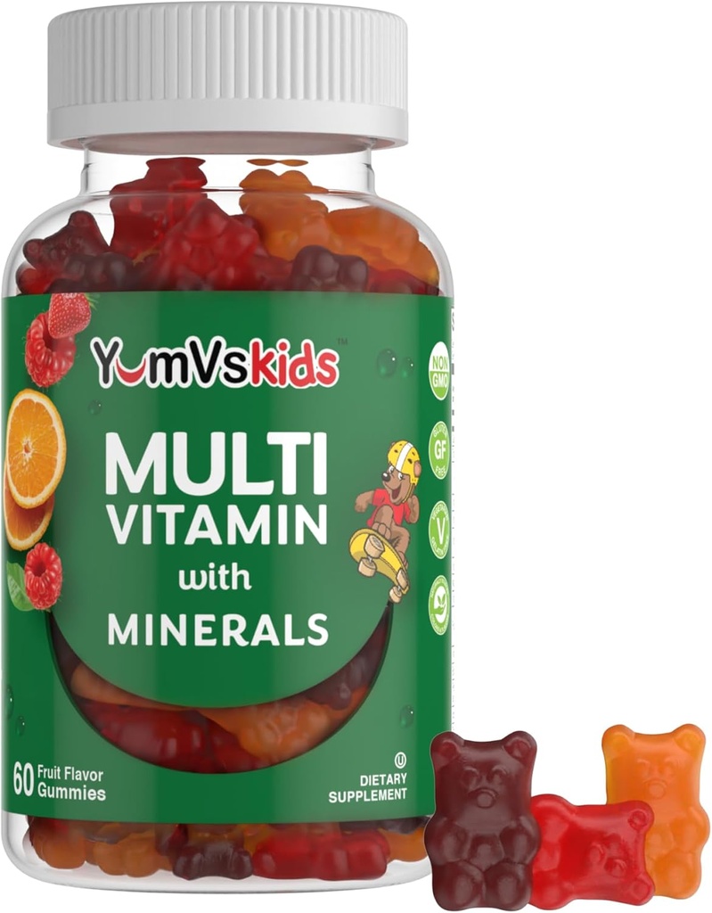 YumVs Kids Multivitamin Gummies - Fruit Flavored Chewable Children's Multivitamin - 12 Minerals & Vitamins A C D3 E B6 B12 - Kosher Halal Gluten Free (60)