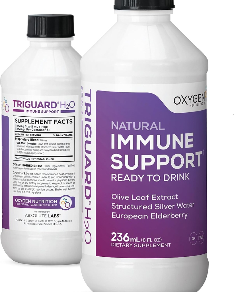 Triguard Plus Colloidal Silver Water, Sambucus Elderberry Extract & Olive Leaf Extract, 3-in-1 Liquid Immune Support In Drink | Powerful Immune System Alert | Great Taste - 8oz, Made in USA