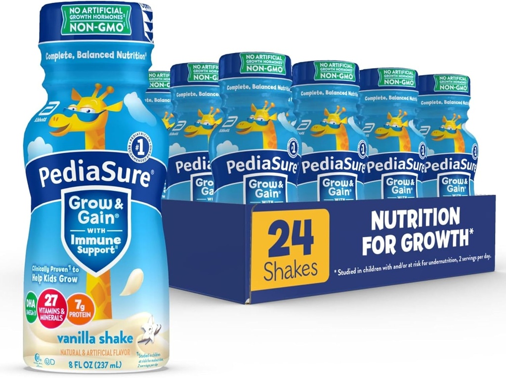 PediaSure Grow & Gain with Immune Support, 27 Βιταμίνες & Ορυκτά για Παιδιά, 7g Πρωτεΐνη, Μη ΓΤΟ, Χωρίς Γλουτένη, Βανίλια, Φιάλη 8-fl-oz, Συσκευασία των 24