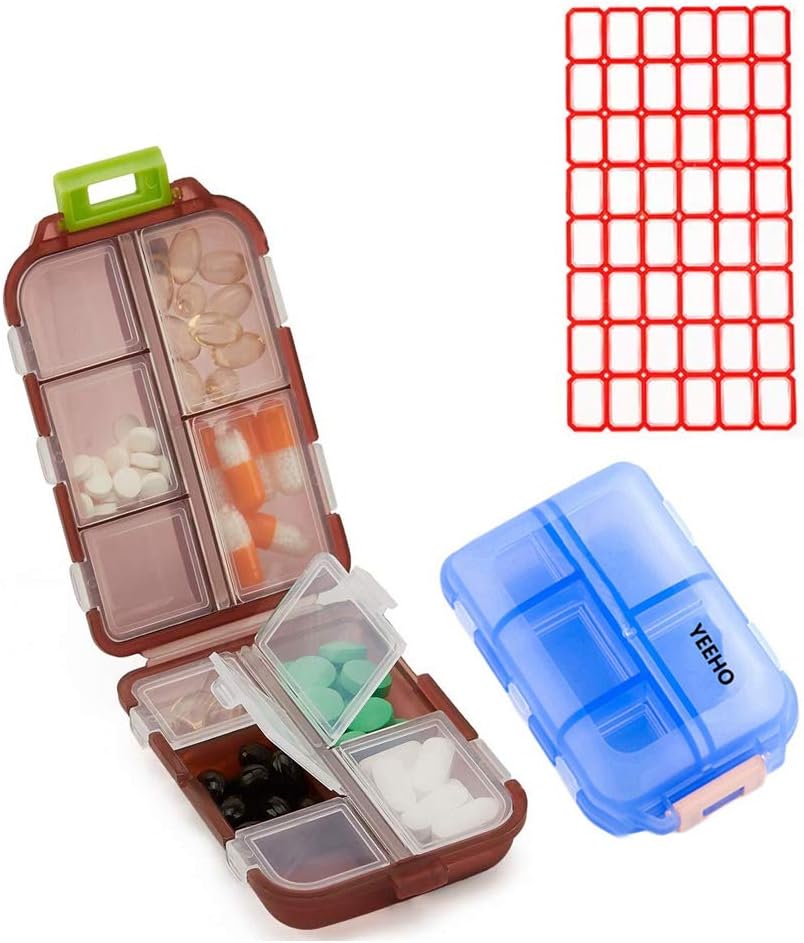 Pill Case (2 Pack) - 10 Karşılaştırmalı Küçük Supplements Tablet Konteyner Kutusu - Tıp Vitamini Organize Yararlı Seyahat Için Depolama Pocket Purse (Mavi+Chocolate)