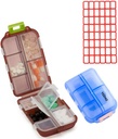 Pill Case (2 Pack) - Portable Small Supplements Tablet Container Box with 10 Compartments - Medicine Vitamin Organizer Dispenser Holder Storage for Travel Trip Pocket Purse(Blue+Chocolate)