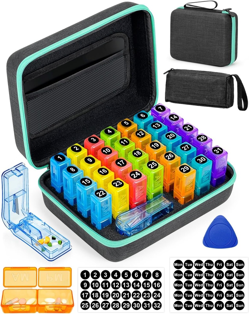 Monthly Pill Organizer 2 Times a Day, with Portable Hard Shell, Pill XS, 31-Day Box, Plastik Açılış Pick, Monthly & Weekly Manuals, Convenient Drug Management (2 Times a Day)