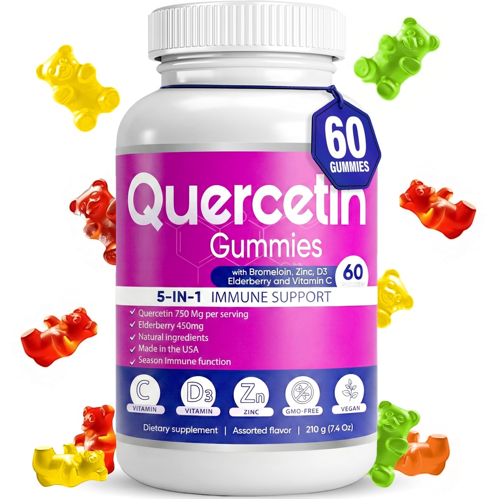 Quercetin Gummies by BioVitalica - Quercetin with Bromelain Vitamin C and çinko & Elderberry + Vitamin D3-5 in 1 Immune Support - Çinko Quercetin 750 mg for Kids and Yetişkinler (1)