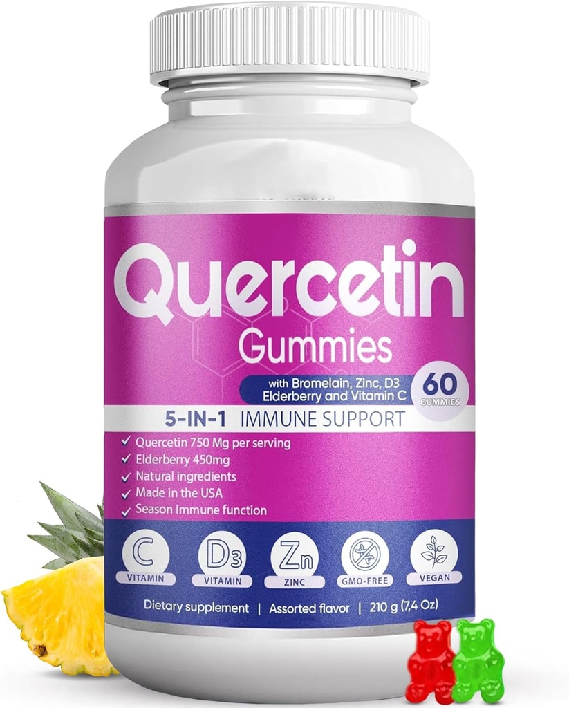 Quercetin Gummies by BioVitalica - Quercetin with Bromelain Vitamin C and Zinc & Elderberry + Vitamin D3-5 in 1 Immune Support - Zinc Quercetin 750 mg for Kids and Adults (1)