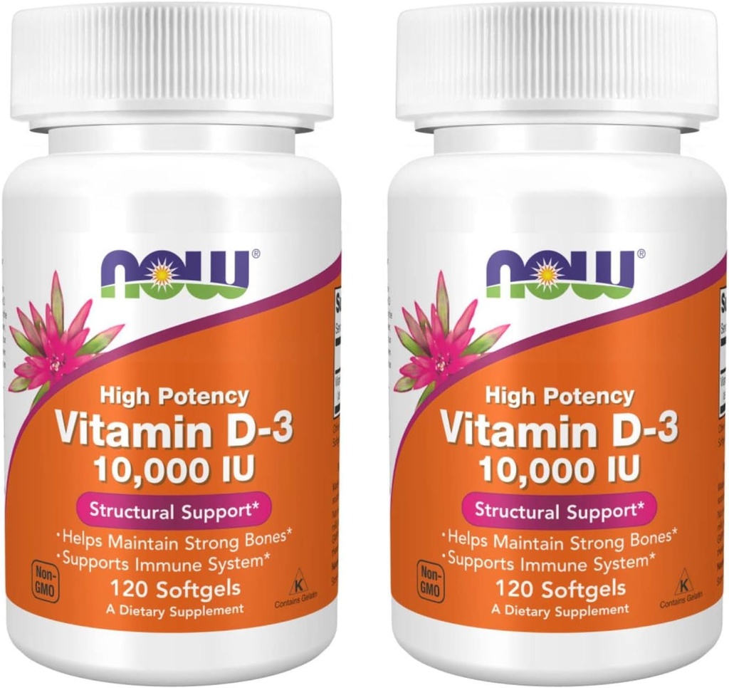 NOW Τροφίμων υψηλής ισχύος βιταμίνη D-3, 10.000 IU, 120 Softgels, 2 Συσκευασία