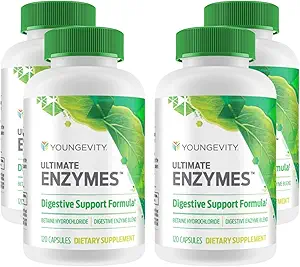 Youngevity Ultimate Enzymes® - Enzymes for Digestion, Gas & Bloating Relief - Betainel HCl, Ox Bile, Pancreatine 10X, Papain 6M, Pepsin 1:3000 (120 Capsules - 4 Pack)