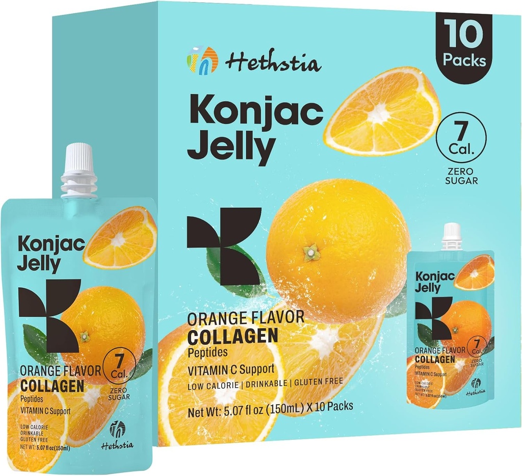 Hethstia Orange Konjac Jelly ile Collagen,, 10 Pouches Meyve Jelly Snacks, Low-Calorie Vitamin C, Sugar-Free, Keto, Gluten-Free, On-Go Light Snacks
