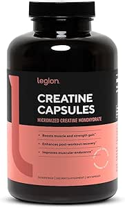 LEGION Micronized Creatine Monohydrate Supplement - Clean Creatine Powder for Muscle Gain & Post Workout Recovery - Micronized Creatine Supplement for Maximum Abvorvation (30 Σερβιέτες, Καψάκιο)