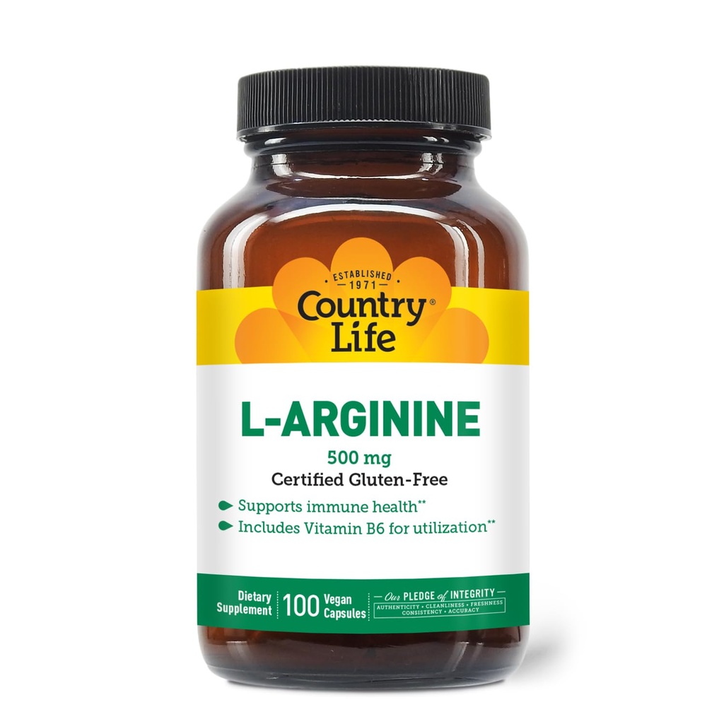 Country Life L-Arginine Caps με βιταμίνη B-6, 500mg, 100 Vegan Caps, Certified Gluten Free, Certified Vegan