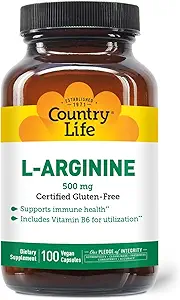 Country Life L-Arginine Caps with Vitamin B-6, 500 mg, 100 Vegan Capsules, sertifikalı Gluten Free, sertifikalı Vegan