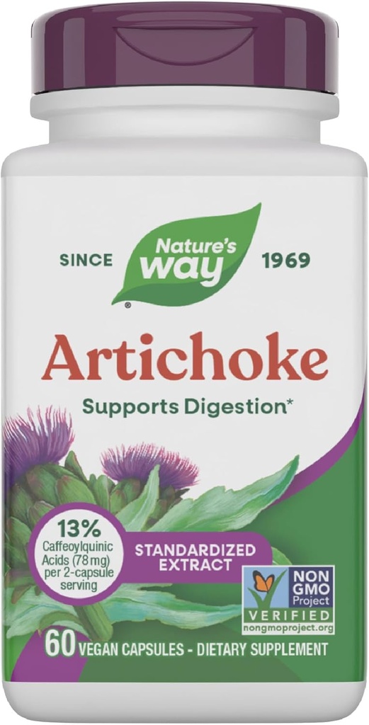 Nature's Way Artichoke, Digestion Support*, Μη ΓΤΟ έργο Επαληθευμένο, Vegan, Χωρίς γλουτένη, 60 κάψουλες (Packaging May Vary)