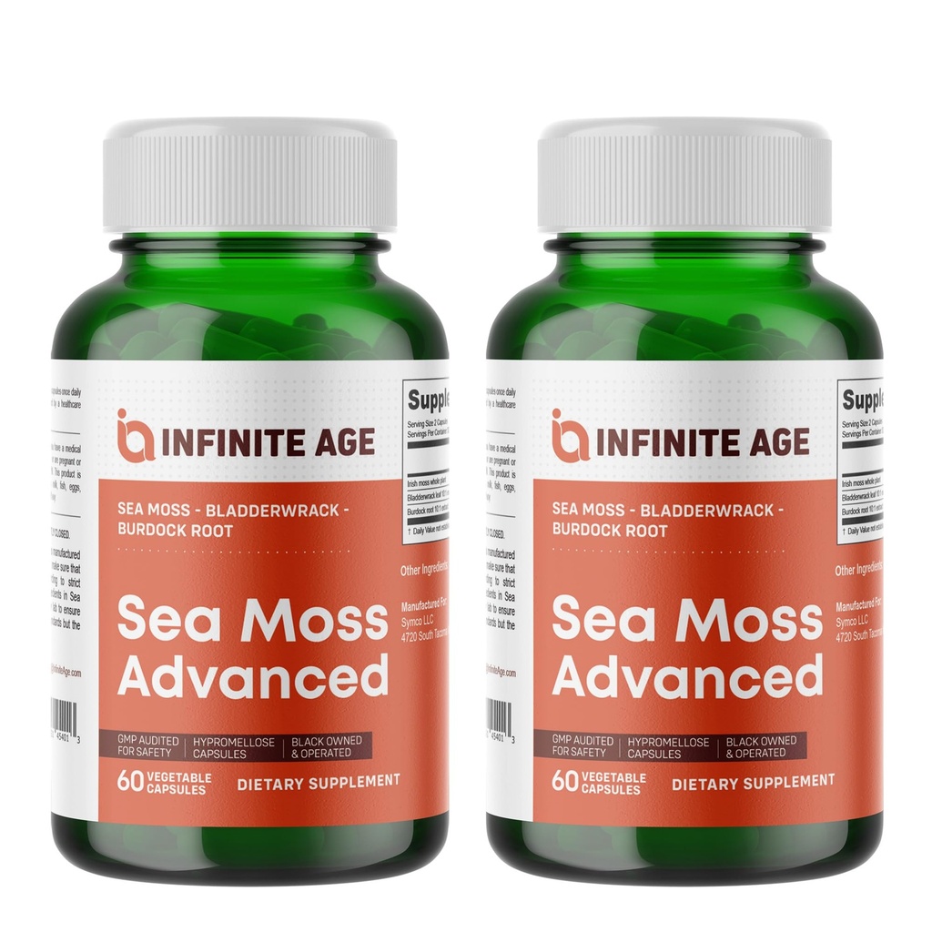 INFINITE AGE 2 Pack of 1250 mg Sea Moss Advanced Superfood Capsules, 120 Count - High-Potency, Vegan, ABD'de Made in the USA - Irish Seamoss, Bladderwrack, Burdock Root - General Health, Immunity Support