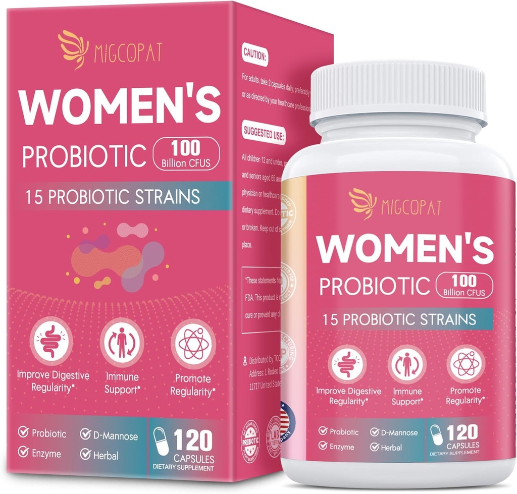 Kadınlar için probiyotikler, 100 milyar CFU Kadın Probiyotik with Prebiyotiks, Digestive Enzymes, D-Mannose & Cranberry Tür Immune Support, Vaginal & Urinary Health, Digestive Balance - 120 Capsules