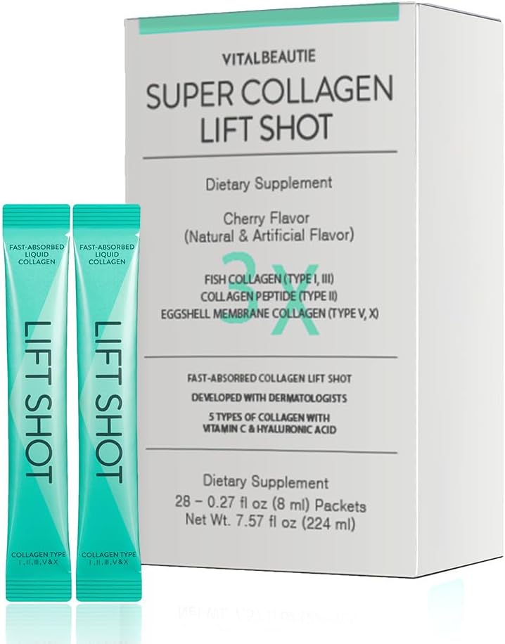 VITALBEAUTIE Material Collgen for Women, SuperCollagen Lift Shot - Premium Multi Collagens, Type I, II, III, V, X 1500 mg with Hyaluronic, Vitamin C, Üçüncü Parti Onaylandı, Yüksek Aborpsiyon