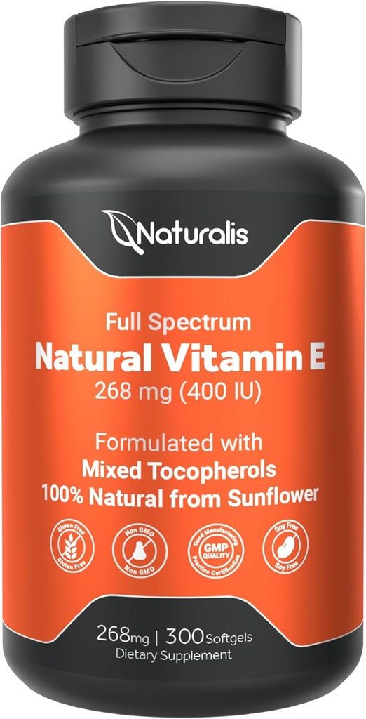 Naturalis Sunflower Vitamin E 268mg (400 IU) ile Karma Tocopherols | Essential Skin & Immune Support | Non-GMO, Soy & Gluten Free | 300 Softgels
