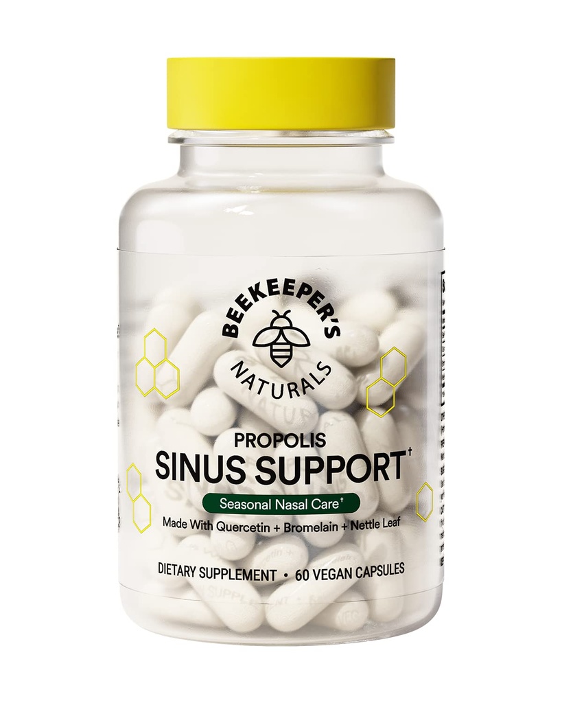 Beekeeper's Naturals All Natural Sinus Support for Yetişkinler, Mevsim Nasal Care Relief with Propolis, Quercetin, Bromelain, Nettle Leaf, & Vegan Capsule, Blocks or Suppresses Histamine, 60 ctamine