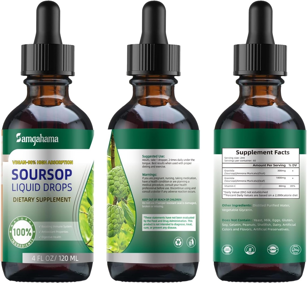 Soursop Bitters Liquid Drops,Vitamin C, Diyetsel Fiber, Gluten Free,120 ml, 4 Fl Oz (3 Pack)