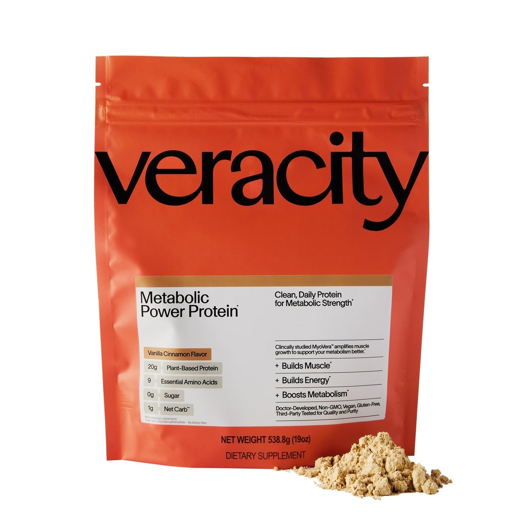 Veracity Plant-Based Protein Powder - Vanilla Cinnamon - MyoVera for Smarter Protein Utilization - Organic, Sugar Free Protein for Metabolic Health - 15 Servings (20g Protein/Serving)