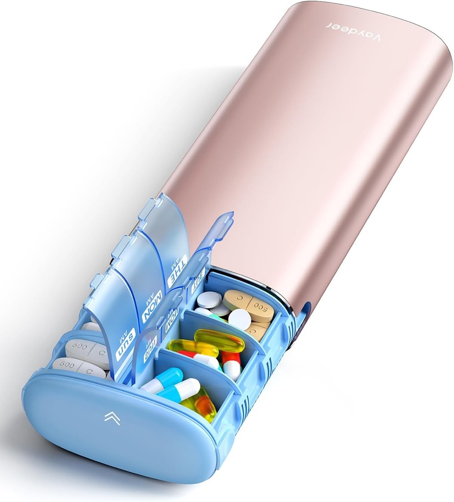 Vaydeer 7 Day Pill Organizer 2 Times a Day, Metal Am Pm Travel Pill Case, Büyük Kapasite İki Günlük Tatlı Pill Box for Supplements, Pills, Vitamins and Drug (Rose Gold)