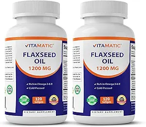 Vitamatic 2 Pack Flaxseed Oil 1200 mg 120 Cold Pressed Flax Seed - 675 mg ALA Omega 3 Fatty Asits for Improving Heart Health Health