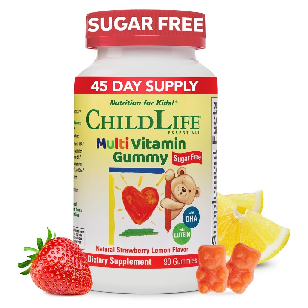 CHILDLIFE ESSENTIALS Multivitamin Gummies for Kids - Children's Vitamins, Kids Chewable Multivitamins with DHA, Sugar Free Supplement - Natural Strawberry Flavor, 90 Count
