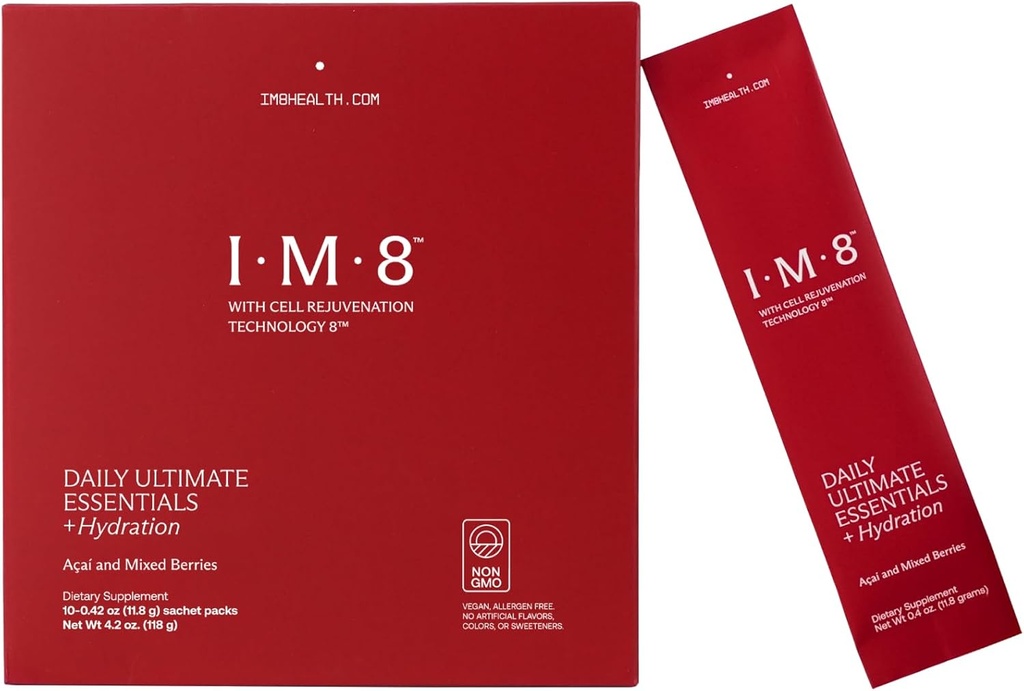 IM8 Daily Ultimate Essentials All-in-One Multivitamin Supplement, 92 Nutrient Rich Malzemeler CoQ10, Probiyotikler, Vitaminler, Yeşiller, Gluten Free, Vegan, Acai Karma Berry (10 Hizmetler, Seyahat Paketleri)