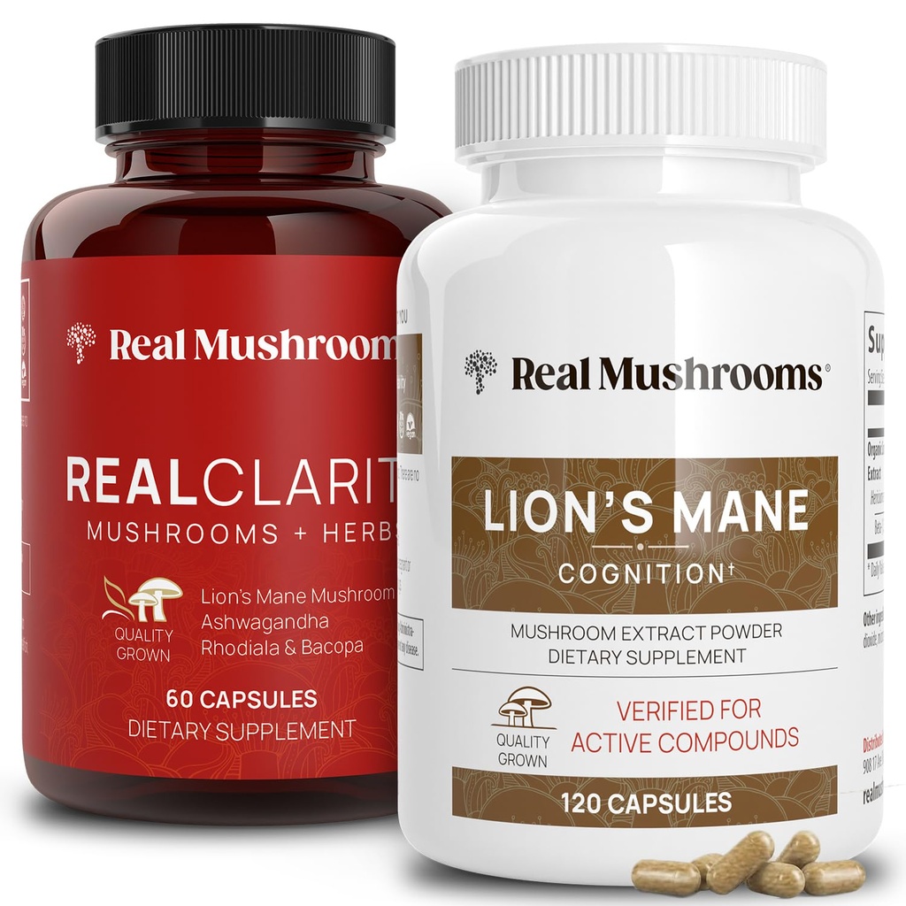 Real Mushrooms RealClarity (60ct) ve Lions Mane (120ct) Capsules Sche - Beyin Sağlığı için Mushroom Supplement, Zihinsel Clarity, Focus, Cognition & Immune Support - Brain Vitamins w/Ashwagandha