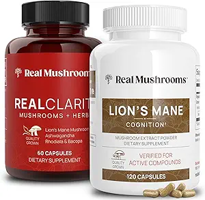 Real Mushrooms RealClarity (60ct) ve Lions Mane (120ct) Capsules Sche - Beyin Sağlığı için Mushroom Supplement, Zihinsel Clarity, Focus, Cognition & Immune Support - Brain Vitamins w/Ashwagandha