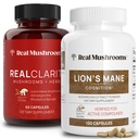 Real Mushrooms RealClarity (60ct) ve Lions Mane (120ct) Capsules Sche - Beyin Sağlığı için Mushroom Supplement, Zihinsel Clarity, Focus, Cognition & Immune Support - Brain Vitamins w/Ashwagandha