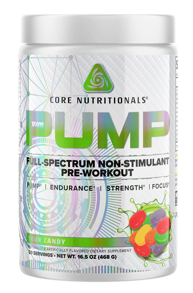 Core Nutritionals Pump Full-Spectrum Non-Stimulant Pre-Workout, N03T Nitrate, Peak02, Alpha GPC, maksimum pompa için, Güçlü ve Performans 20 Hizmet (Sour Candy)