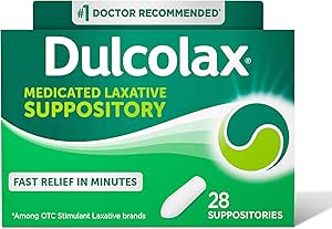 Dulcolax Stimulant Laxative Medicated Suppositories, Predictable & effective Constipation Relief, Bisacodyl 10 mg, 28, Count Stimt Laxatives