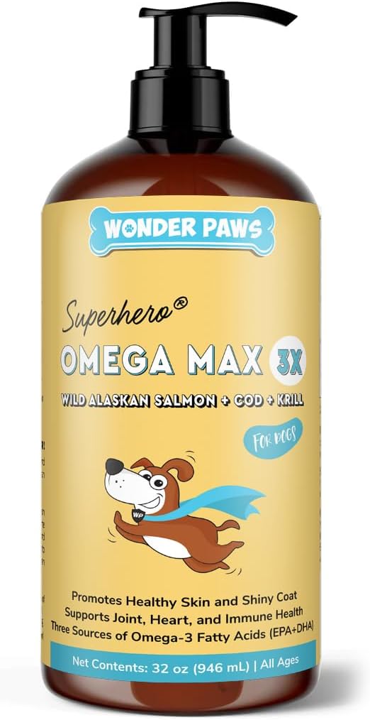 Wonder Paws Fish Oil for Dogs - Omega 3 for Dogs from Alaskan Salmon, Cod & Krill Oil - EPA DHA Fatty Acids - Less Shedding & Itching - Skin, Ortak, Immune & Heart Health - Liquid Supplement (32 oz)