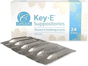Carlson - Key-E Suppositories, 30 IU Vitamin E Suppository, Yağlar Kuru Alanlar, Kadınlar ve Erkekler için Tedavi, Vaginal & Rectal, 24 Kont Kont