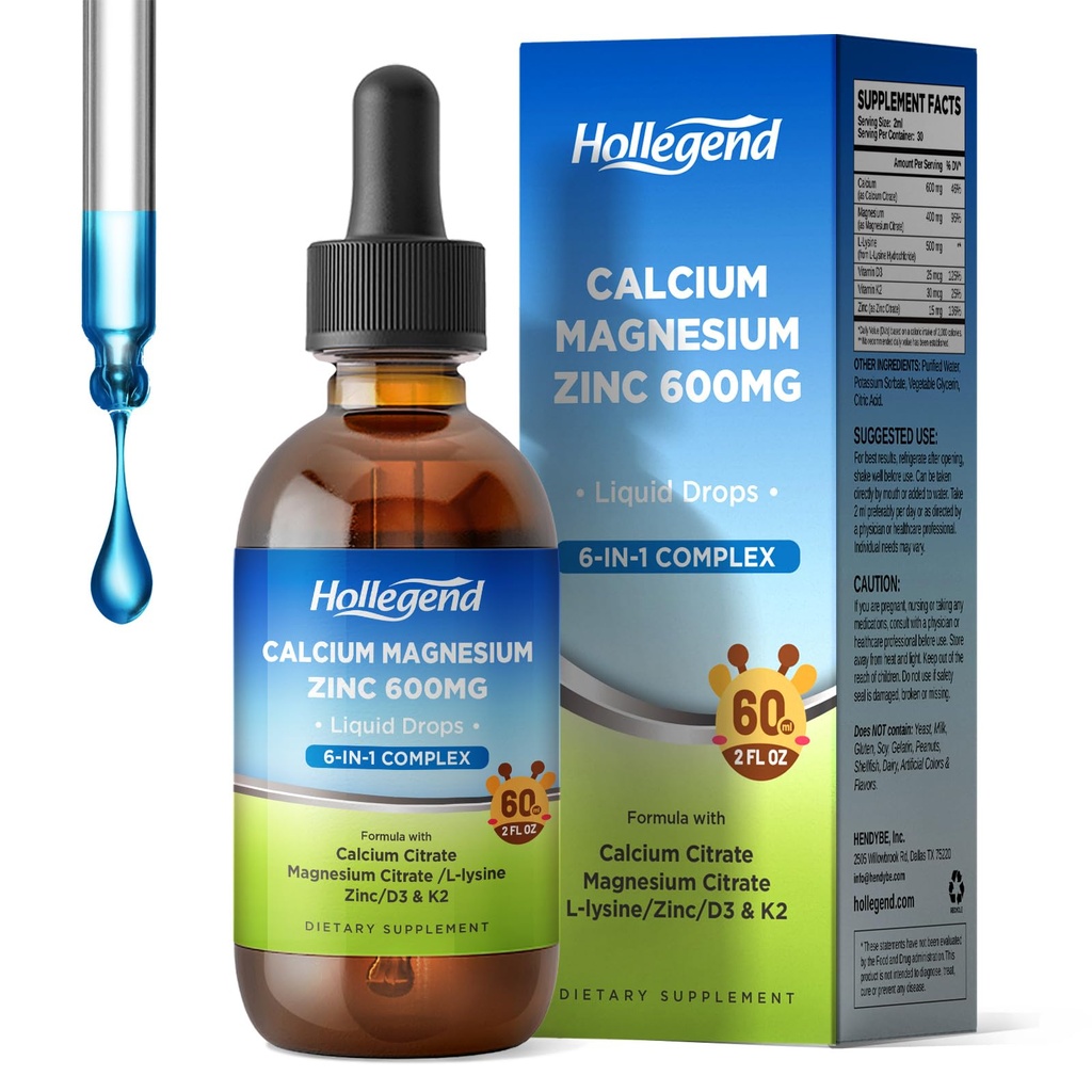 L-Lysine 500 mg, & Magnezyum, Kalsiyum Citrate 600 mg Supplement with Vitamin D3 & K2 for Kids & Yetişkinler, 2 Fl Oz Oz