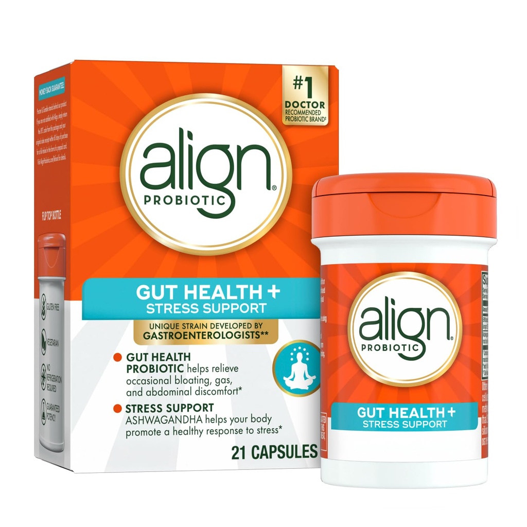 Ευθυγράμμιση Probiotic, Digestive De-stress, Probiotic για τις γυναίκες και τους άνδρες με Ashwagandha, Βοηθά με μια υγιή απάντηση στο άγχος, χωρίς γλουτένη, χωρίς σόγια, χορτοφάγους, 21 κάψουλες