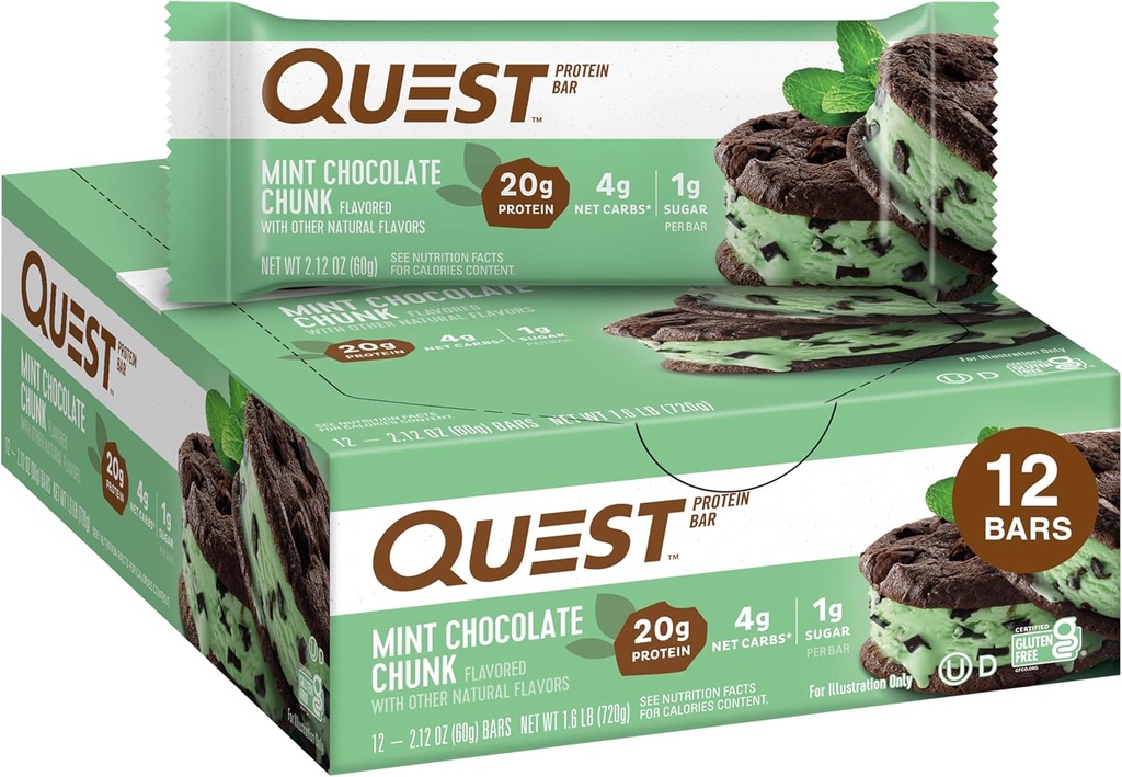 Quest Nutrition Mint Chocolate Chunk protein Bars, 20g protein, 1g Sugar, 4g Net Carb, Gluten Free, Keto Friendly, 12 Count