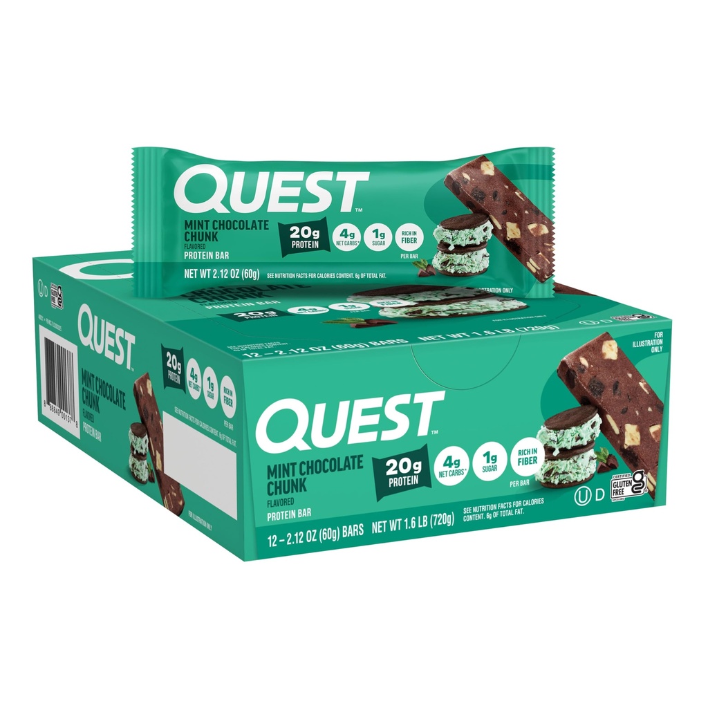 Quest Nutrition Mint Chocolate Chunk protein Bars, 20g protein, 1g Sugar, 4g Net Carb, Gluten Free, Keto Friendly, 12 Count