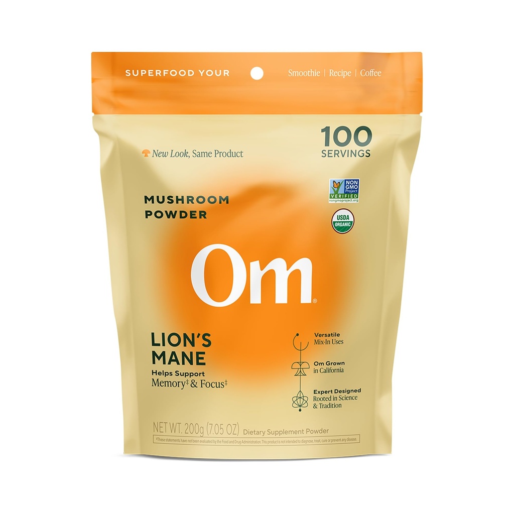 Om Lion's Mane Mushroom Toz - Organik Mushroom Supplement and Nootropic - Support Memory, Focus and Nerve Health, 7.05 oz (100 hizmet)