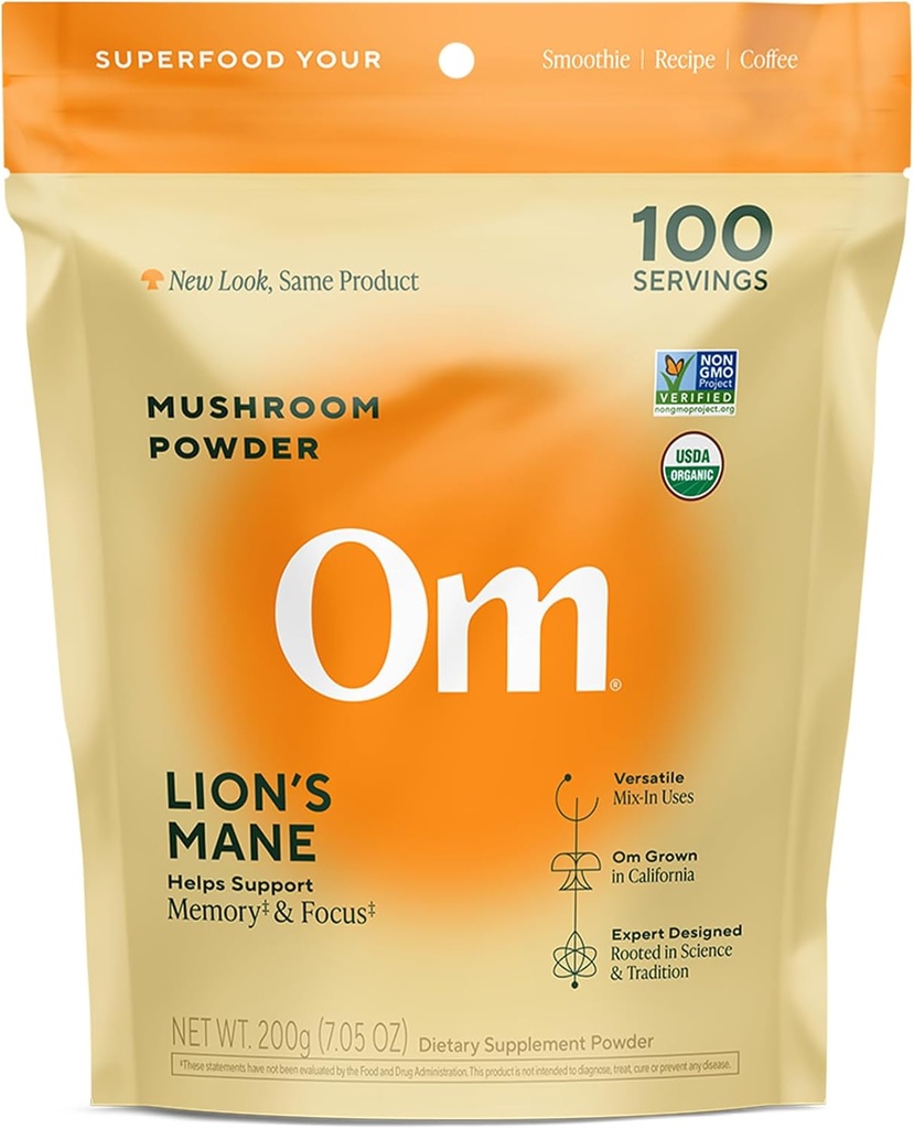 Om Lion's Mane Mushroom Toz - Organik Mushroom Supplement and Nootropic - Support Memory, Focus and Nerve Health, 7.05 oz (100 hizmet)