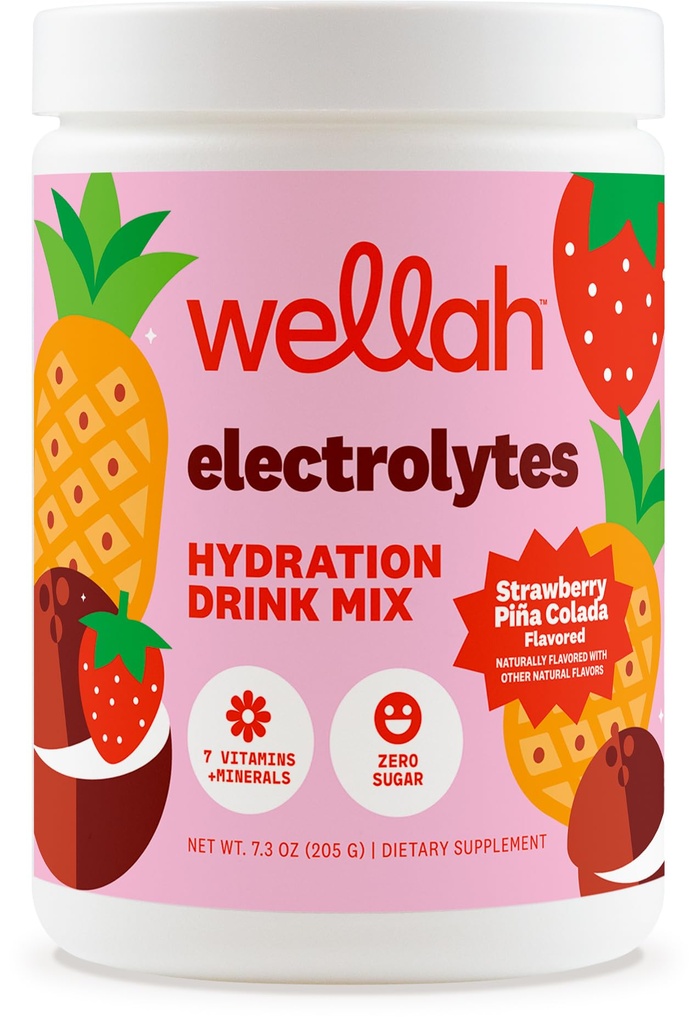 Wellah Electrolytes Powder (Strawberry Pina Colada) 50 Servings - Hydration Drink Mix, 7 Vitamins & Minerals, Zero Sugar