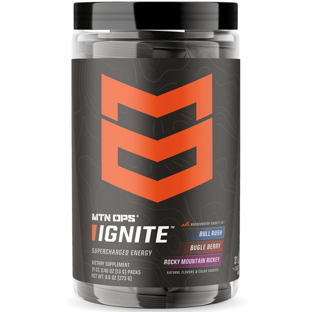 MTN OPS Ignite Variety Pack Energy Drink Powder with 200mg Caffeine, Travel Pre Workout Packets for Energy & Focus, Nootropic Blend, L Arginine & Citrulline, 21 Servings, Backcountry Flavors