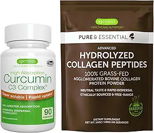 100% Grass-Fed Bovine Collagen σκόνη + Υψηλή απορρόφηση C3 Curcumin Complex Sport & Recovery Bundle, 300% Μεγαλύτερη απορρόφηση Κουρκουμινοειδή με ταχεία πρόσληψη, από Igenus