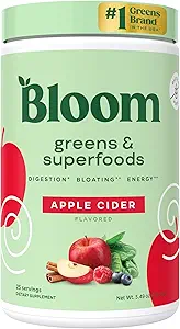 Bloom Beslenme Superfood Greens Toz, Probiyotikler ve Prebiyotiklerle Digestive Enzymes, Gut Health, Women, Chlorella, Green Juice Mix with Beet Root Toz, 25 SVG, Apple Cider