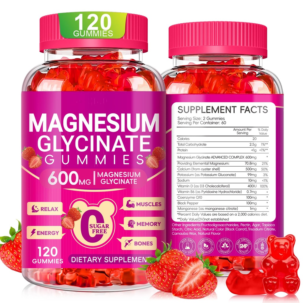 Magnesium Glycinate Gummies 600mg, Chewable Sugar Free Potassium Magnesium Gummies (120 Count (Pack of 1), Strawberry)