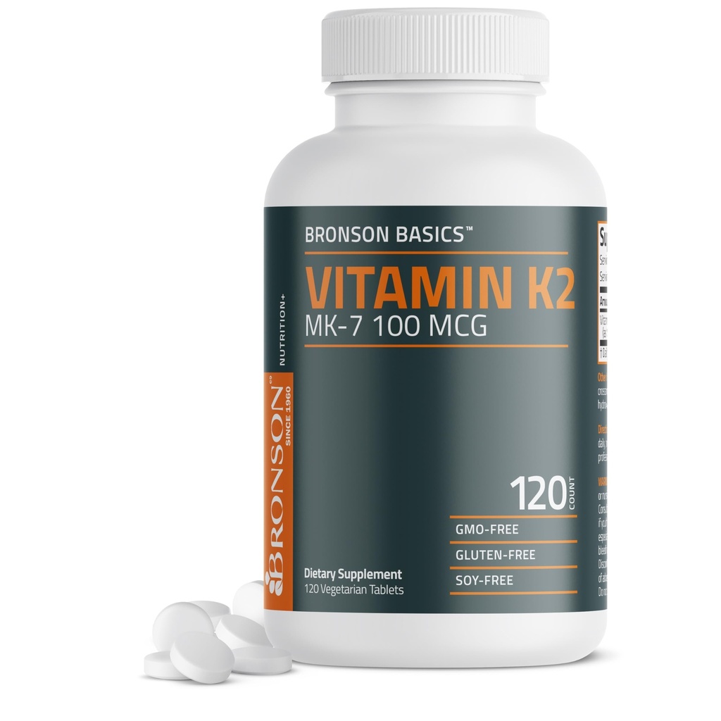 Bronson Vitamin K2 MK-7 100 MCG, K2 MK7 Menaquinone, Bone Support Non-GMO, 120 Tablet