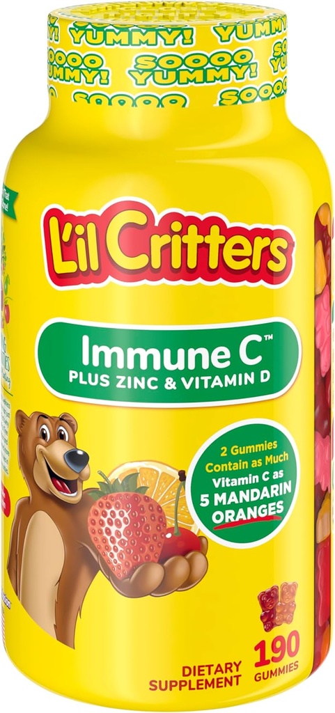 L’il Critters Immune C Daily Gummy Supplement Vitamin for Kids, for Vitamin C, D and Zinc for Immune Support, Orange, Lemon, Strawberry and Cherry Flavors, 190 Gummies (Packaging May Vary)