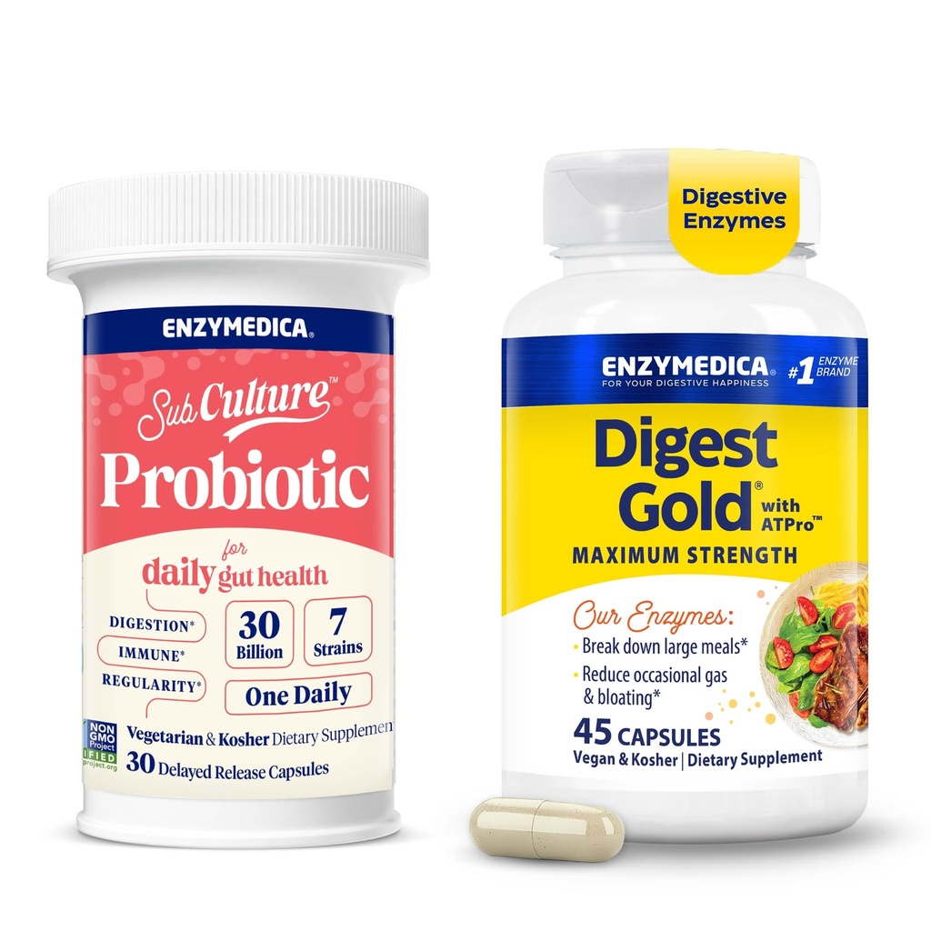 Enzymedica Digest Gold & SubCulture Probiotic for Daily Gut Health - Digestive Enzyme Supplement for Women & Men, Helps Gas & Bloating, Probiotic Capsules 30 Billion CFU - Pack of 2